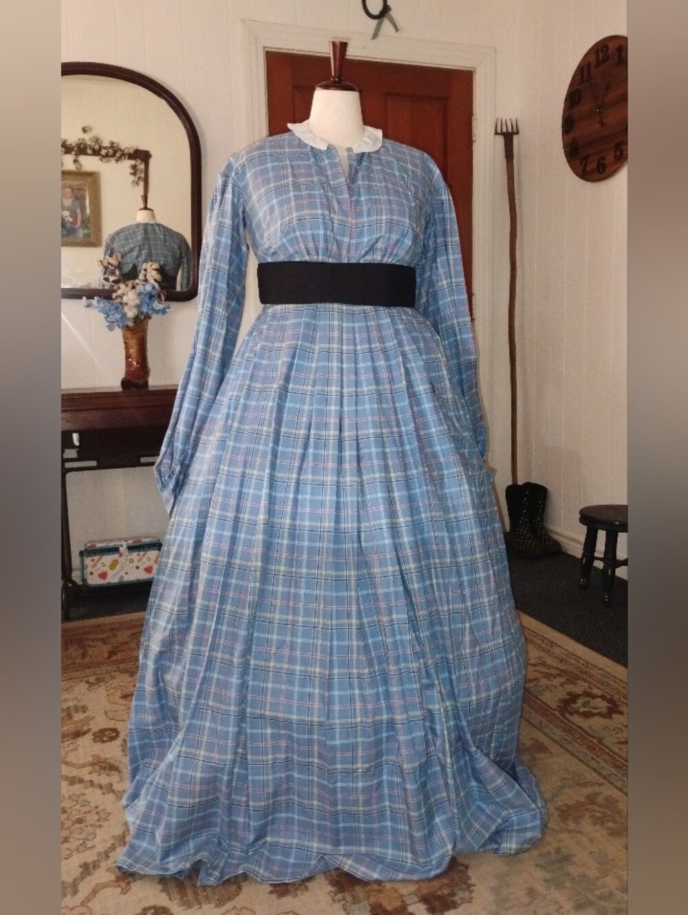 Blue Plaid Living Historian Dress Reenacting Civil War All Cotton
